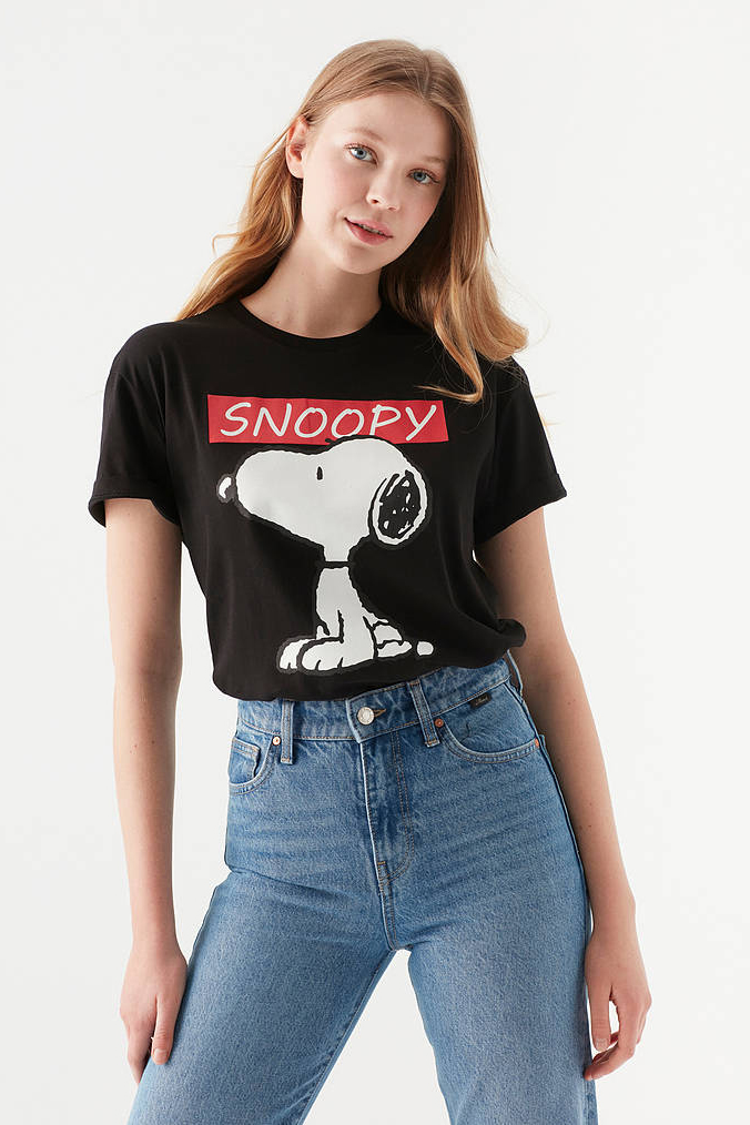 Snoopy Baskılı Siyah Tişört